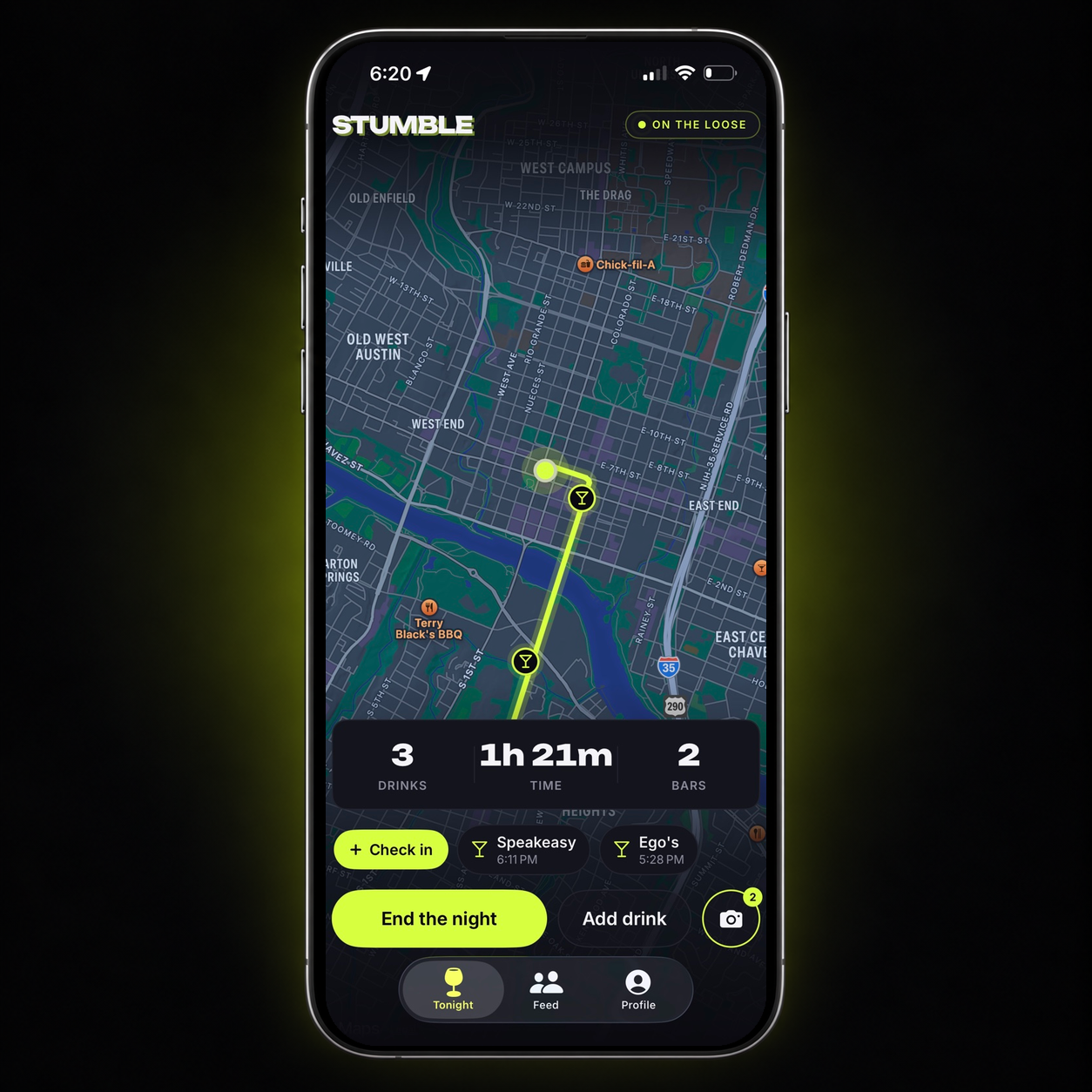 The Stumble app tracking an active night out with a route, check-ins, drinks, bars, and time