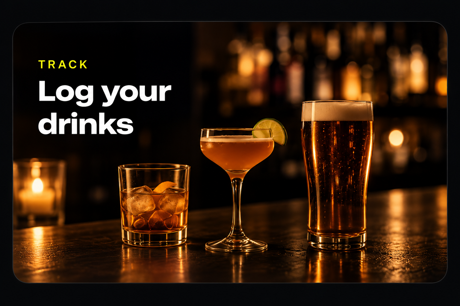 Log your drinks — a cocktail, a neat pour and a pint of beer on a dark bar at night