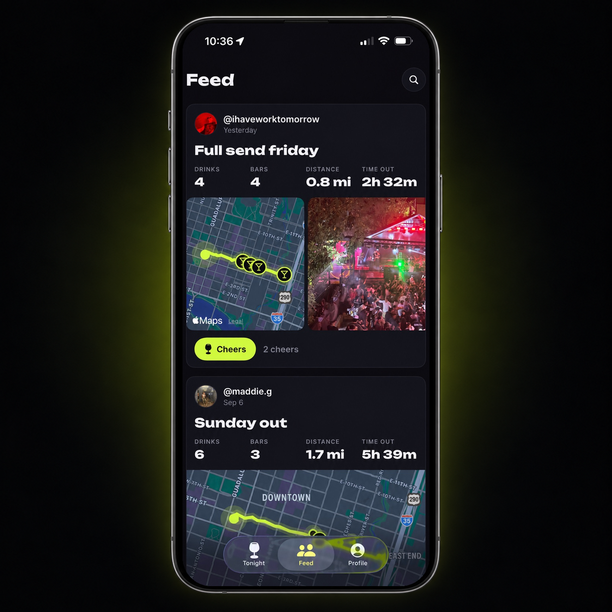 The Stumble app feed showing friends' nights out with route maps, photos, drinks, bars, distance, and time stats