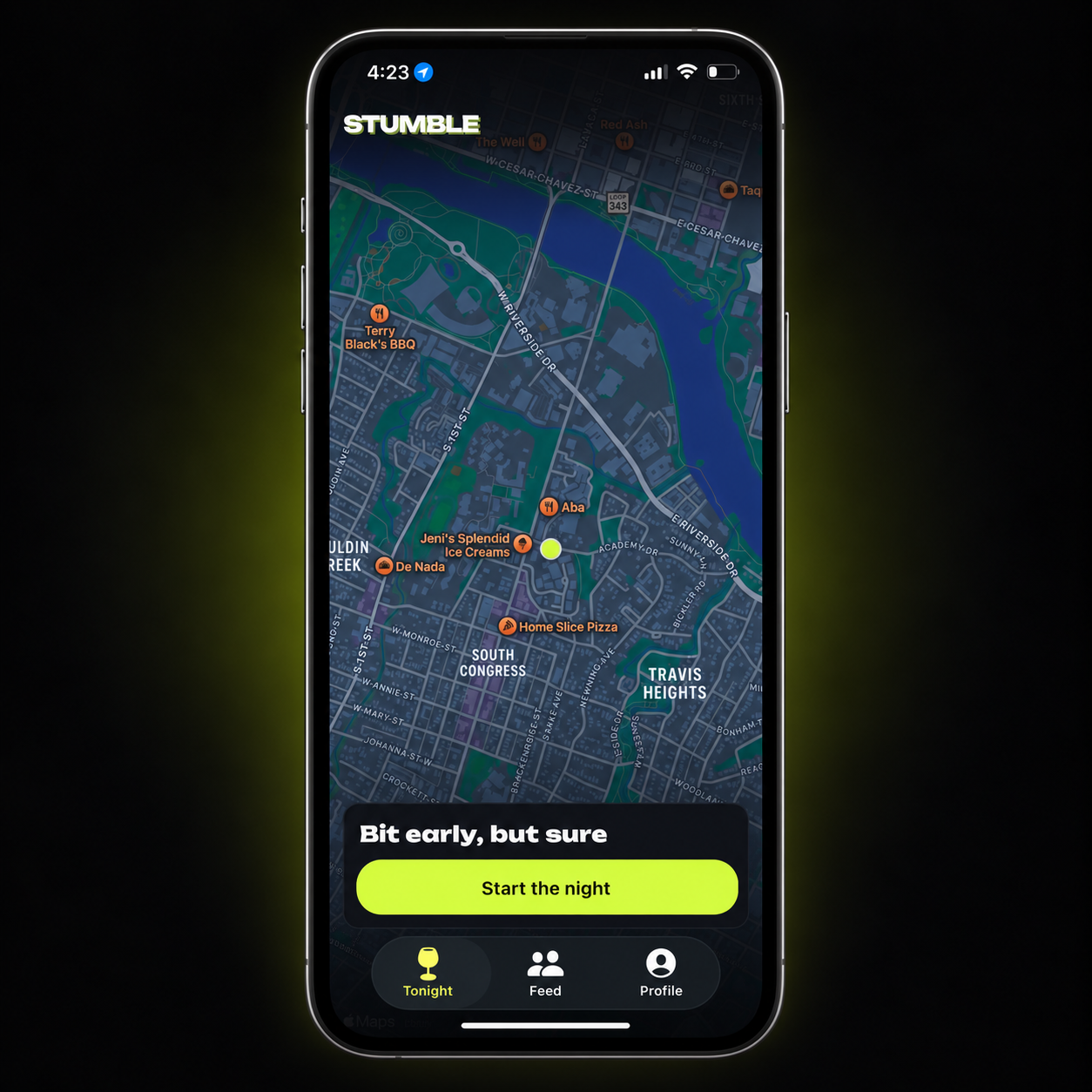 The Stumble app map showing nearby bars and restaurants with a Start the night button