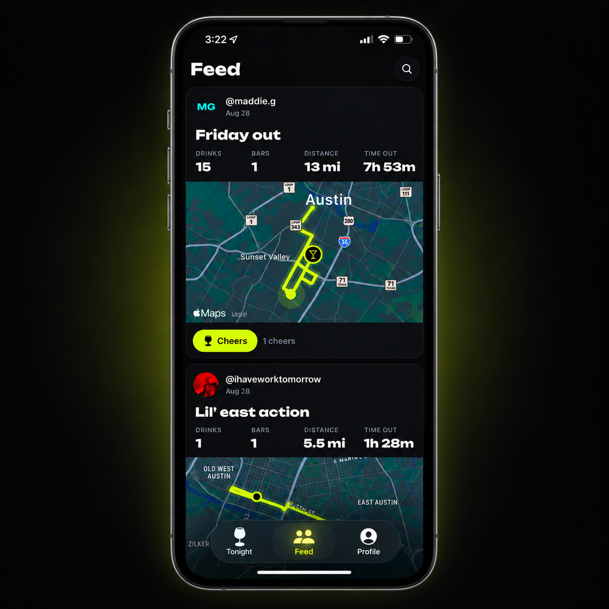 The Stumble app feed showing friends' nights out with drinks, bars, distance and time stats, plus route maps of Austin