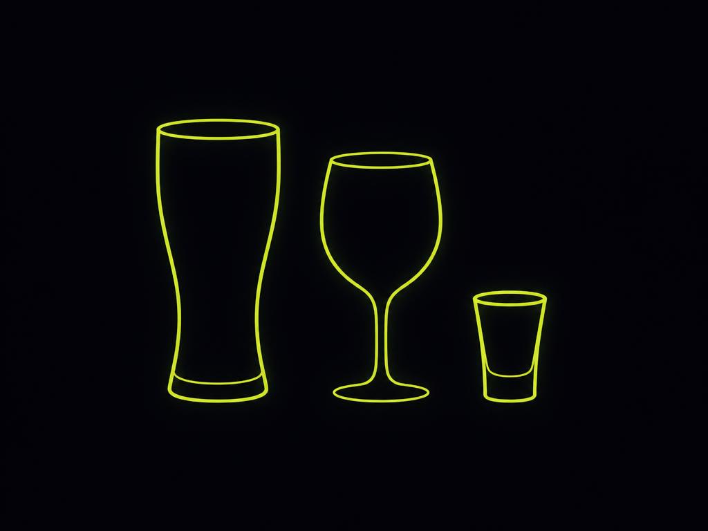 Outlines of a beer glass, wine glass and shot glass in citron neon